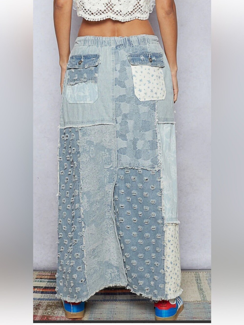 POL “Indigo Patches Maxi” Long Maxi Denim Light Blue Patchwork Skirt - Women S - Picture 6 of 13